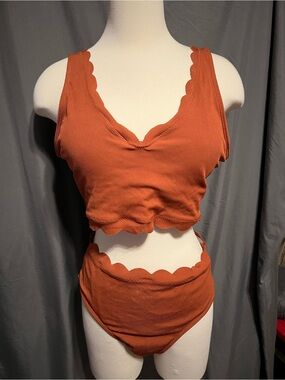 Zaful Rust Scalloped High-Waist Ribbed Bikini Set